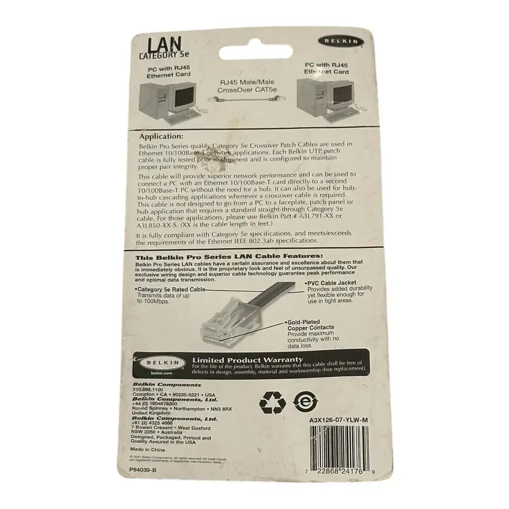 Belkin 7ft Pro Series Cat5e Crossover Patch Cable RJ45 Ethernet
